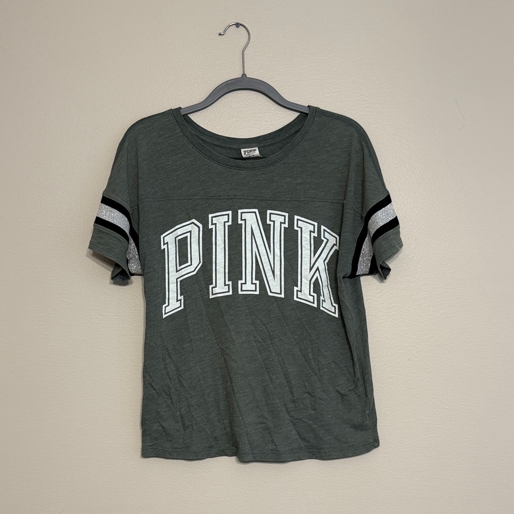 PINK Victoria's Secret Green T-Shirt with White and Black Accents